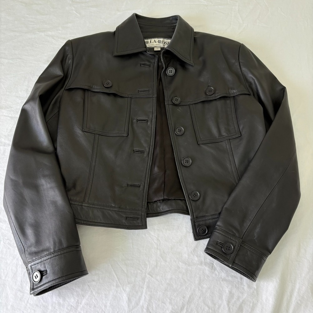 La Rose Womens Black 100% Genuine Leather Button Front Lined‎ Jacket Size M